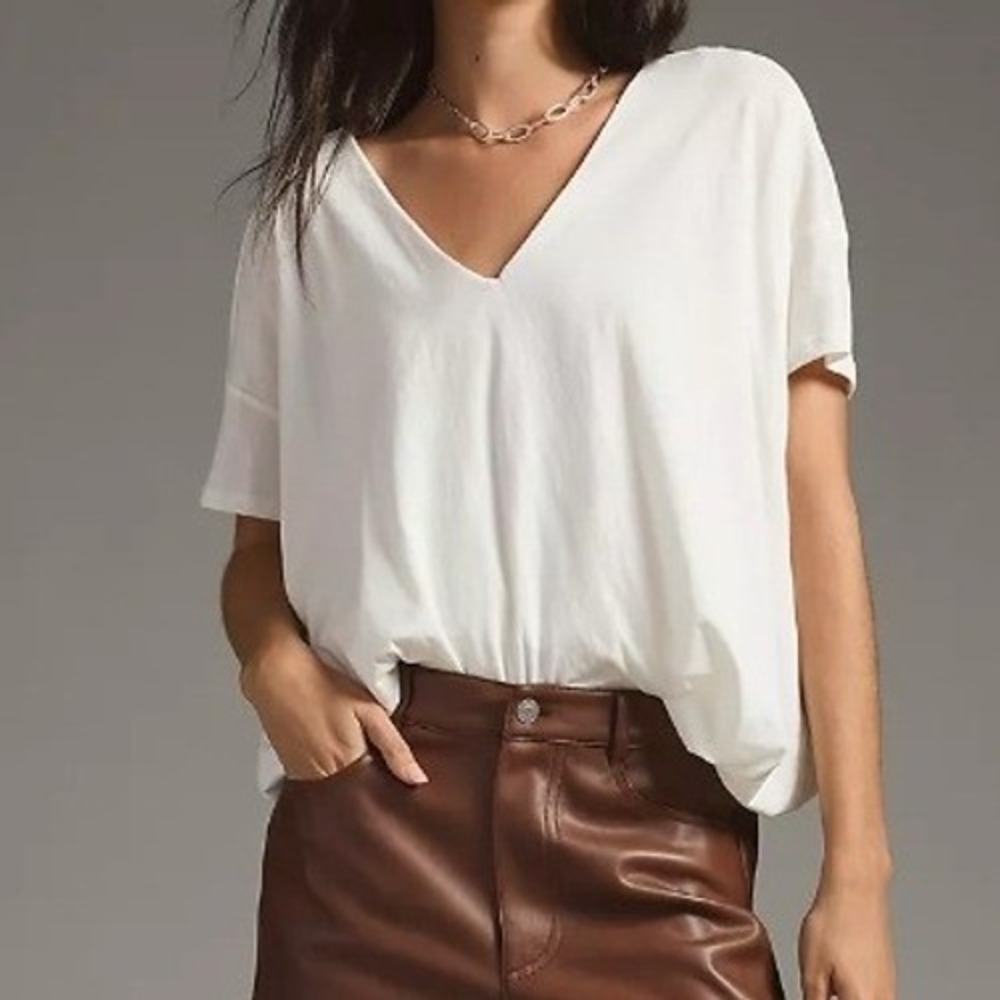 Maeve Anthropologie NWT Ivory Bubble Hem V-Neck 100% Cotton Shirt L Boho Relaxed